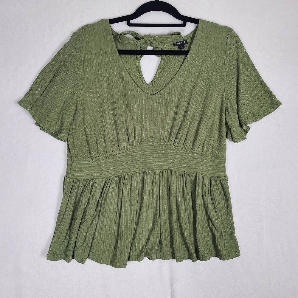 Torrid Pointelle Rib V-neck Babydoll Shirt Tie Back Green Womens Size Large - 0